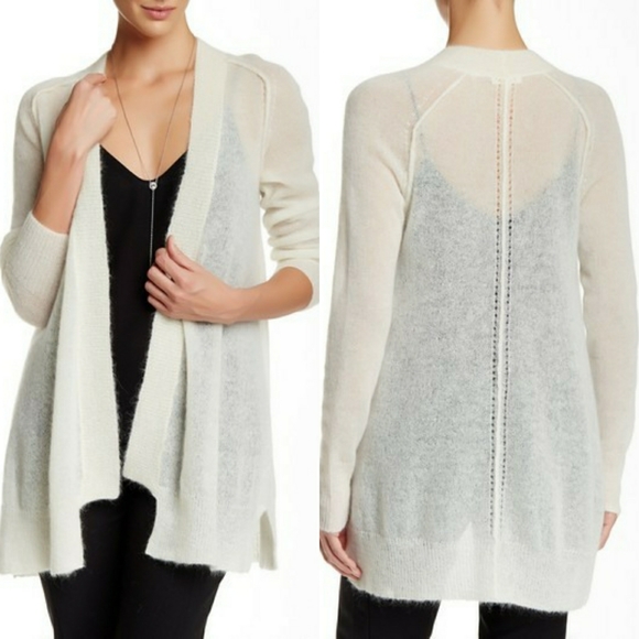 Rebecca Taylor Fuzzy Sheer Open Draped Cardigan Mohair Alpaca Cream Cozy - Picture 2 of 8